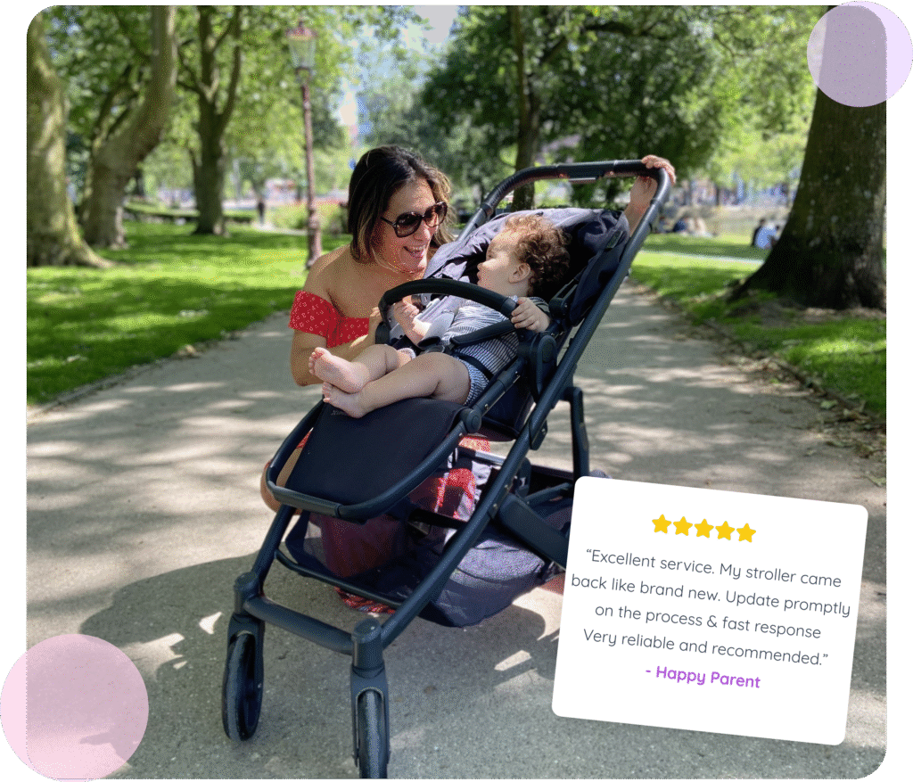 Satisfied Parent With Sparkling Clean Stroller After Skyz Strollers Cleaning Service