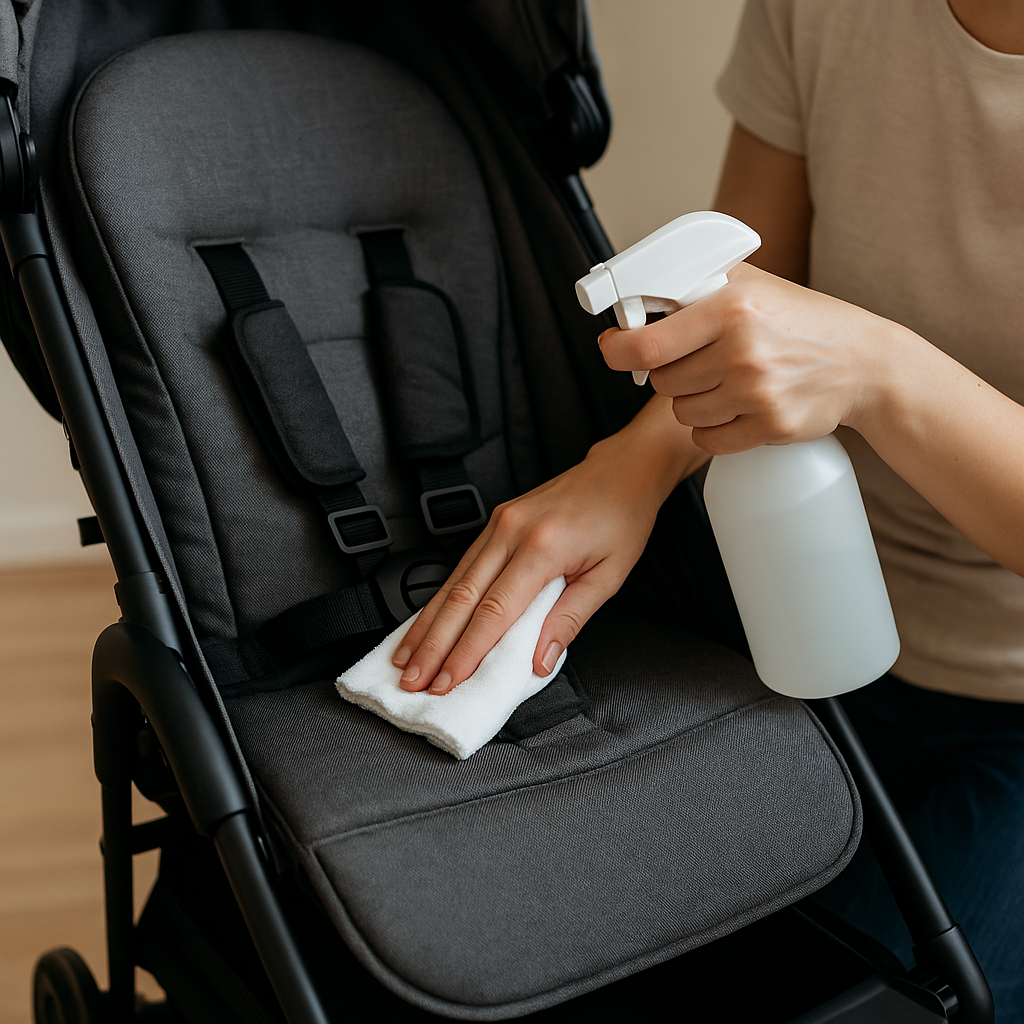 Close-up of hands cleaning a dark gray stroller seat with a white cloth and spray bottle, demonstrating baby-safe cleaning in Singapore